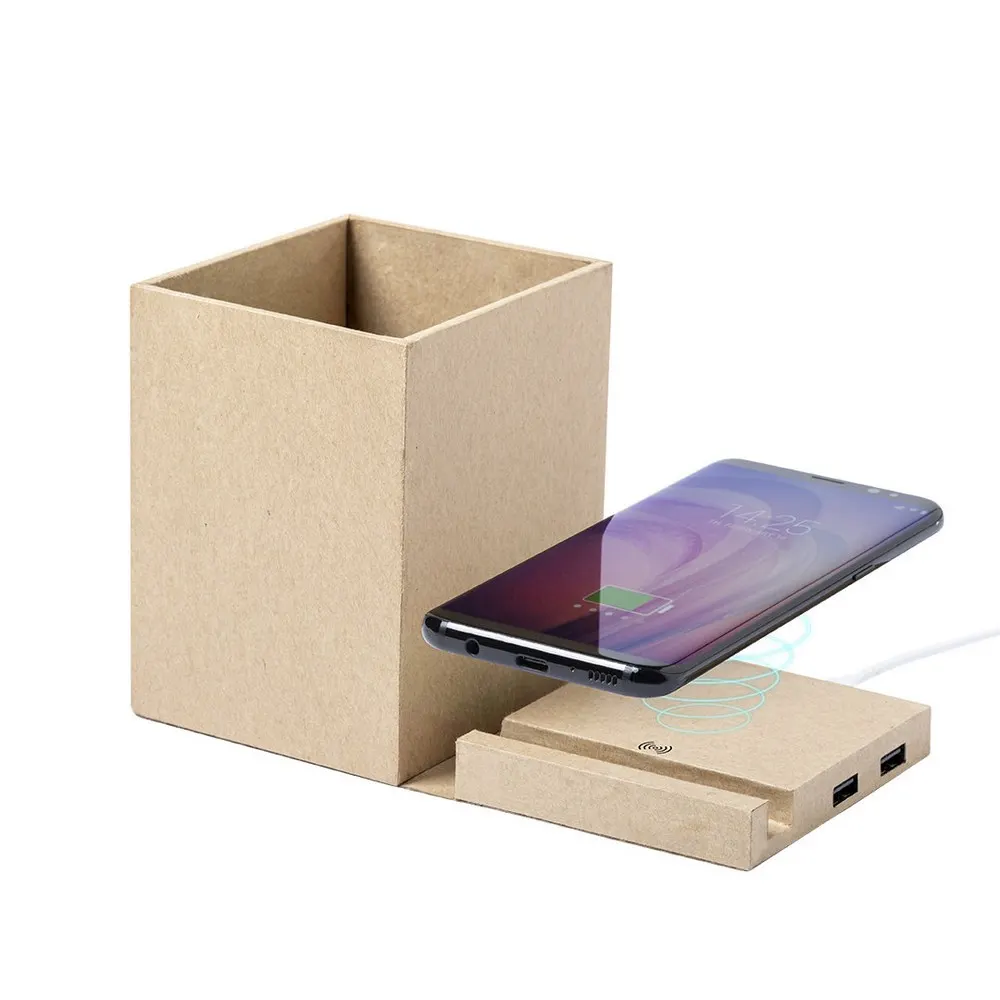 Składana ładowarka bezprzewodowa 5W z kartonu z recyklingu, hub USB 2.0, pojemnik na przybory do pisania, stojak na telefon, wariant V0178-00, zdjęcie 1 z 7