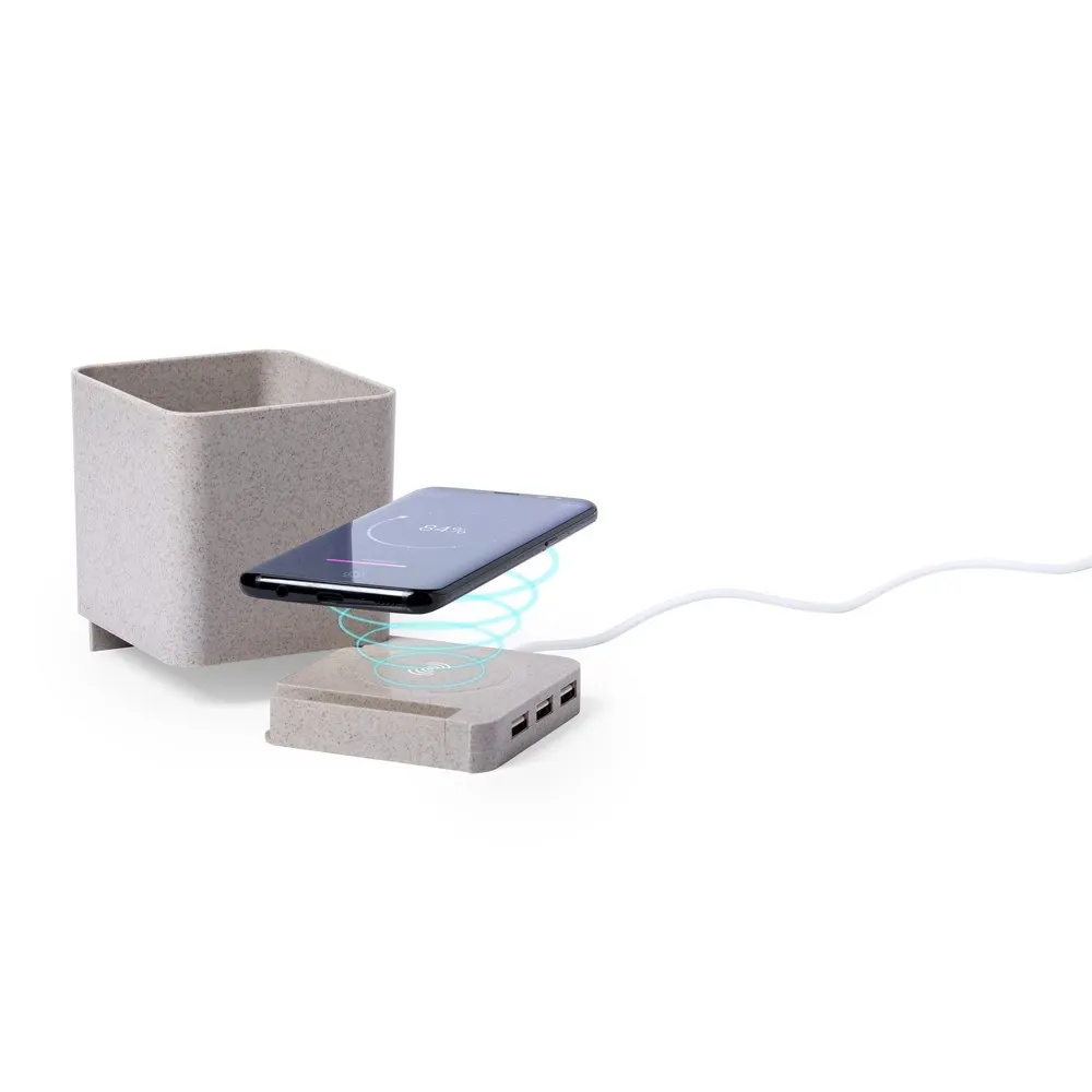 Ładowarka bezprzewodowa 5W ze słomy pszenicznej, hub USB 2.0, pojemnik na przybory do pisania, stojak na telefon, wariant V0116-00, zdjęcie 1 z 16