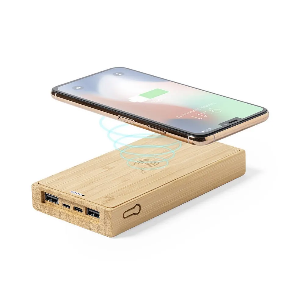 Bambusowy bezprzewodowy power bank 10000 mAh, ładowarka bezprzewodowa 5W, ładowarka słoneczna, wariant V8335-16, zdjęcie 1 z 7